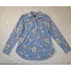 Talbots Women's Size Small Long-Sleeved Popover Blue White Stripe Floral V-Neck